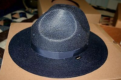 Size 71/2  Navy Blue Straw Triple Brim Campaign Hat with adjustable strap 
