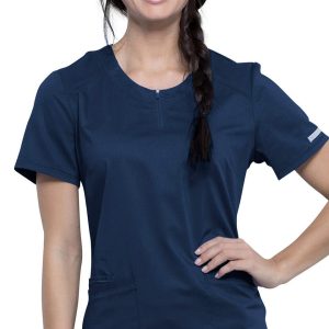 Cherokee - Women's Zip Round Neck Solid Scrub Top - UPIKE Tanner College